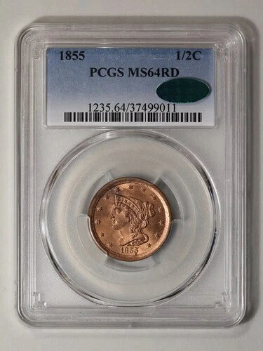 1855年 1/2セント 編み込みヘア ハーフセント PCGS MS64RD (CAC)