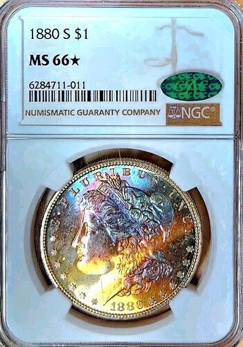 1880 S $1 W??W??TONED モーガン ダラー NGC MS-66??STAR?? CAC? 見事なオリジナル。