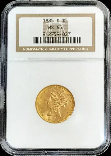1885年 S ゴールド USA $5 リバティヘッド ハーフイーグルコイン NGC ミント ステート 65 PQ