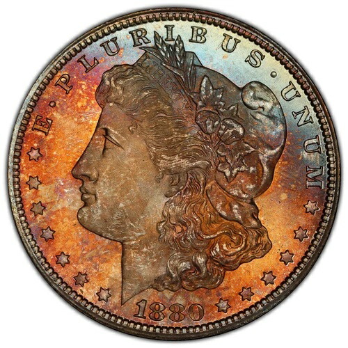 1880-CC $1 モーガンドル PCGS MS65+ バイブラント オレンジ ビビッドブルー リッチフクシア-