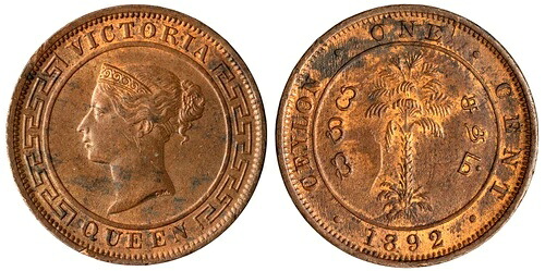 セイロン。イギリス植民地ビクトリア、1892年、1セント銅貨、UNC KM-92