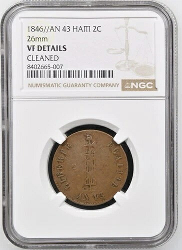 1846年 ハイチ AN 43 / 1セント NGC VF 詳細 26mm コイン -希少-