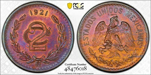 メキシコ エスタドス ウニドス 1921 2 センタボス コイン PCGS 認定未流通 詳細