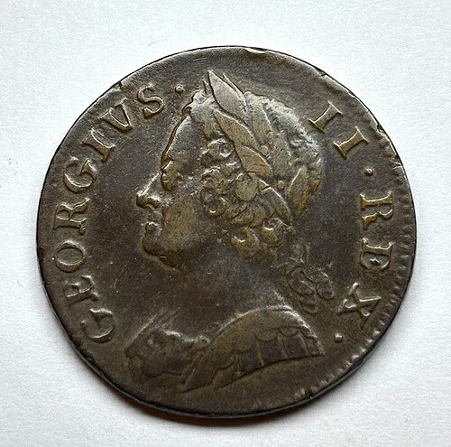 1750 年 イギリス - ジョージ 2 世のハーフペニー、KM-579.2。 58,300円