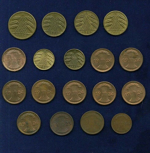 ドイツ ワイマール共和国 ライヒスフェニヒ＆レンテンフェニク硬貨：1924-1934年 18枚セット