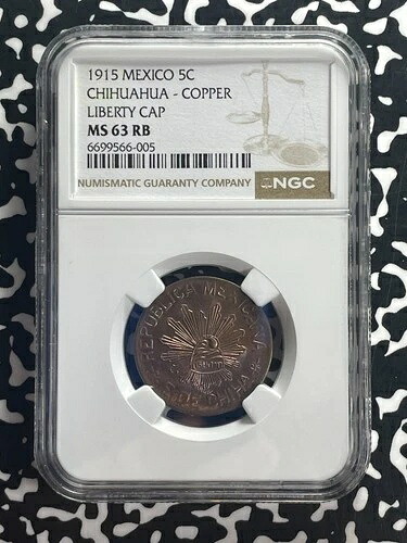 1915年 メキシコ チワワ 5センターボ NGC MS63RB ロット#G820 チョイス UNC! リバティキャップ