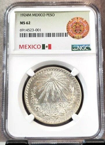 1924年 メキシコ 銀貨 1ペソ NGC MS 62 希少 美しい光沢