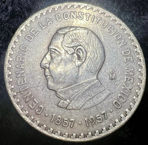 1957年メキシコ10ペソ銀貨 レイ.900 ベニート・フアレス大統領憲法