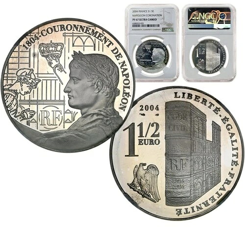 フランス 1.5ユーロ 2004年 銀貨 NGC PF67UC 「ナポレオン戴冠式」 ミントボックス＆CoA 58,300円