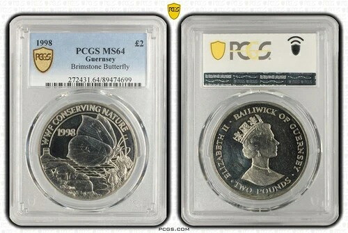 ガーンジー 2ポンド 1998年 CuNi PCGS MS64 WWF 自然保護 ブリムストーンバタフライ
