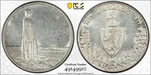 1914 年 ノルウェー 2 クローネ PCGS AU 詳細 コンスティチューション 100 周年記念 鮮明な詳細!