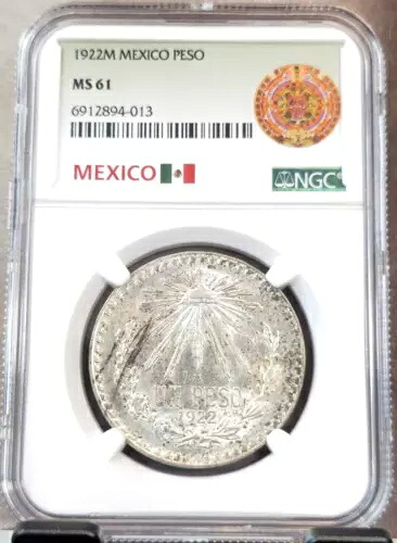 1922年 メキシコ 銀貨 1ペソ キャップアンドレイズ NGC MS 61 希??少 グレートコイン