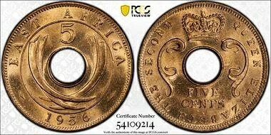 イギリス領東アフリカ 5セント 1956年 H PCGS MS 65 RD