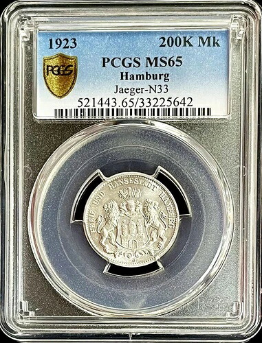 1923 J ハンブルク ドイツ 200000 マーク イーグルコイン PCGS ミントステート 65 37,895円