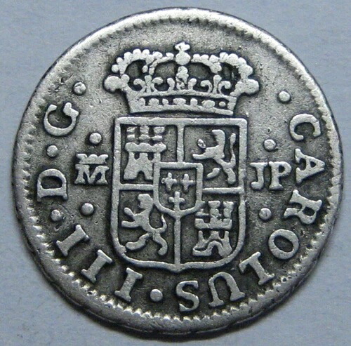 1764年 マドリード 1/2レアル チャールズ3世 スペイン 銀貨 植民地時代 アンティーク シルバーコイン
