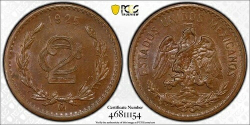 1925 Mo メキシコ 2 センタボス PCGS MS63BN