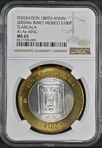 2003 年メキシコ 180 周年記念バイメタル、トラスカラ、100 ペソ MS65 NGC KM# 691