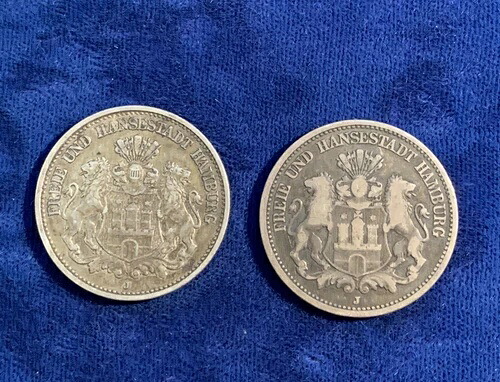 ドイツ ハンブルク 1876-J & 1900-A 2マルク銀貨、流通状態の良好な例 37,895円