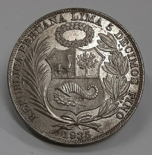 1935年 ペルー ウン・ソル 50% 銀貨 国章/自由の女神像 ニース AU/UNC