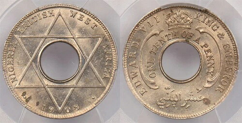 イギリス領西アフリカ 1908年 1/10ペニー PCGS MS 63 KM-3 銅ニッケル PI0021 コンバイン