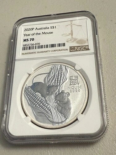 2020年 P $1 オーストラリア シルバー ネズミ年 NGC MS70 クラシック ブラウンラベル