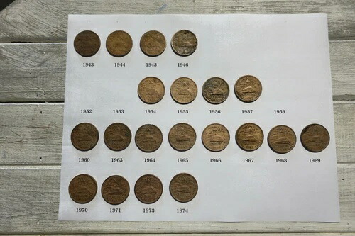 20種類の異なる年のメキシコ20センタボ銅貨セット