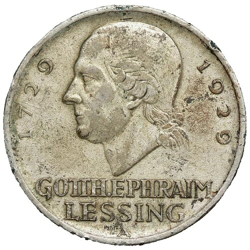 1929A ドイツ 5 ライヒスマルク 銀貨 レッシング KM61 #24337