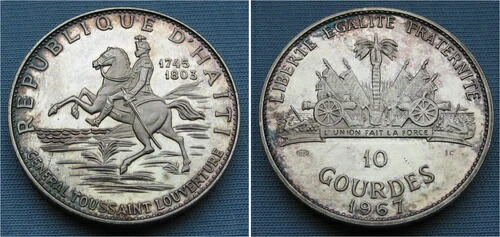 1967年ハイチ10グールド999セント銀貨。縁に若干の変色あり。