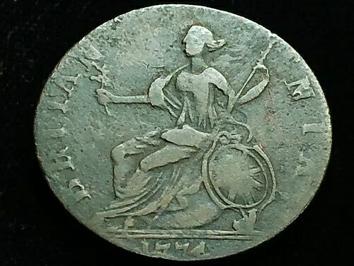 1774年 非王室国王ジョージ3世 イギリス植民地半ペニー銅貨の回避