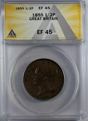 1855年 イギリス 銅貨 1/2ペニー ANACS XF-45
