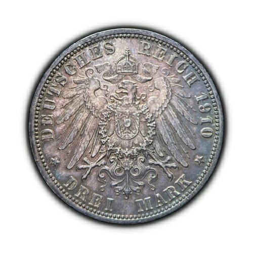 ドイツ。1910年、3マルク、銀貨 - 皇帝ヴィルヘルム1世、プロイセン・イーグル・ベルリンA ?? トーン