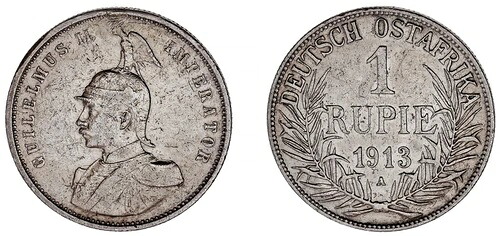 1ルピー銀貨 - 1ルピープラタ。ドイツ領東アフリカ。1913年 A. ヴィルヘルム2世。XF-/EBC-