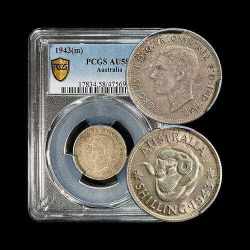 オーストラリア。1943年、シリング、銀貨 - PCGS AU58 - KGVI、メルボルン、セミキーデート