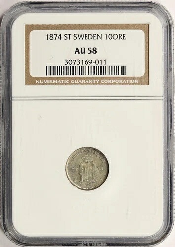 1874年 ST スウェーデン 10 鉱石 シルバー NGC AU58