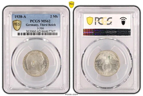 PCGS MS62 2マーク 1938年 A スワスティカ ドイツ第三帝国 銀貨 J-366 WW2 Mk