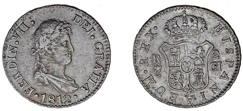 2 シルバー REALES / シルバー。フェルディナンド 7 世 - フェルナンド 7 世。カディス、1812年。VF+ / VF。