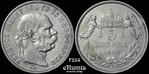 ハンガリー、フランツ・ヨーゼフ1世、1908年5コロナ、VF-XF