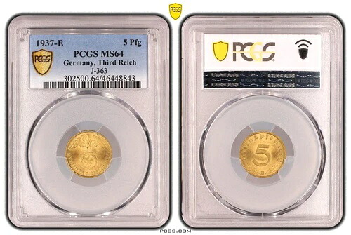 PCGS MS64 5 ペニヒ 1937 E スワスティカ ドイツ第三帝国 J-363 コイン WW2 5 Pfg UNC 39,325円