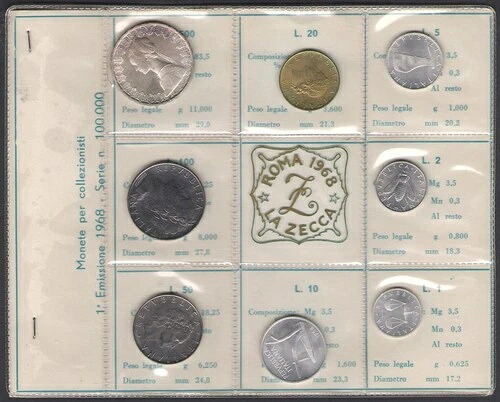 1968年イタリア、分割貨幣、オリジナルミントボックス、FDC
