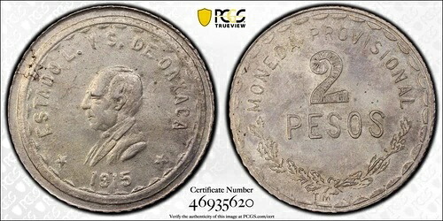 メキシコ 2ペソ 1915年 オアハカ PCGSクリーニング済み UNC詳細