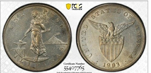 1903年 フィリピン ペソ 銀貨 PCGS AU53