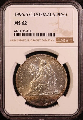 1896/5年グアテマラ・ペソ - NGC MS62 - 美しい色調と優れた光沢！PQ+