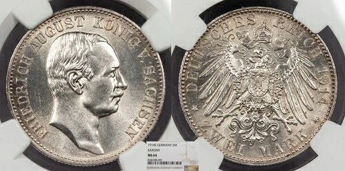 ドイツ諸州 ザクセン - アルベルティーネ線 フリードリヒ・アウグスト3世 1914-E 2マーク NGC MS-6