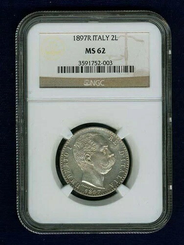 イタリア王国 1897-R 2リラ硬貨、未流通、NGC認定ミントステート MS62
