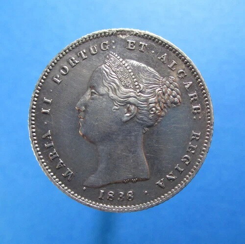 ポルトガル 200 レイス 1838 /6 シルバー ルーラー マリア II KM 474 #4106#