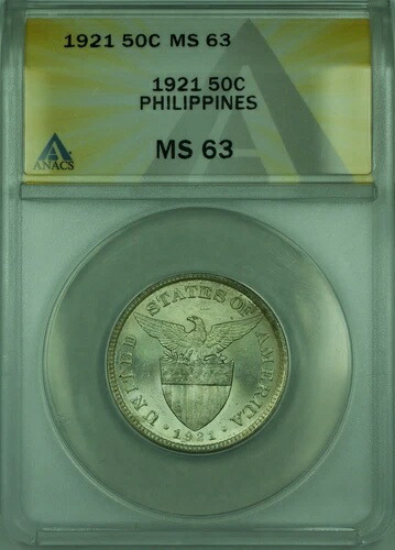 1921年 50セント フィリピン ANACS MS-63 50センタボ銀貨 KM#171 (B)