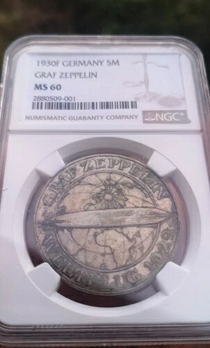 1930年F ドイツ ワイマール共和国 5マルク グラーフ・ツェッペリン NGC MS60 UNC 希少 ミントマーク
