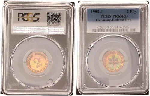BRD 2 ペニッヒ 1958 J 25° ミントローテーション PP (プルーフ) PCGS PR65RB 103394