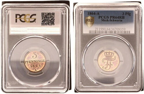 メクレンブルク シュヴェリーン 3 フェニヒ 1864-A PCGS PR64RB ポリッシュ プレート 109877｜WORLD RESOURCE【QUEEN店】