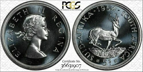 南アフリカ、1954年エリザベス2世記念5シリング、5シリング。PCGS PR 67。クラウン。